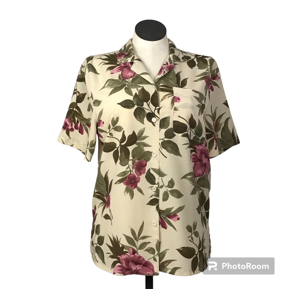Alfred Dunner Button Up Shirt Women’s Size 12 Color Beige Floral Short Sleeve